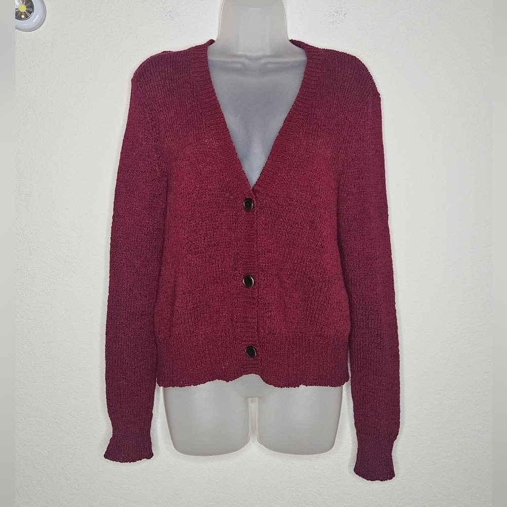 Lauren Ralph Lauren Burgundy Red Chunky Open Knit Button Front Cardigan